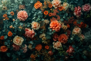 Fototapeta na wymiar Vibrant Orange and Pink Flowers Arrangement with Green Plant on Dark Background for Floral Design Concept