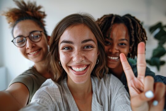 Portrait, team, and selfie of joyful, smiling, and goofy business ladies on office break. Design, marketing, and advertising diversity workers or girl buddies with peace emoji.