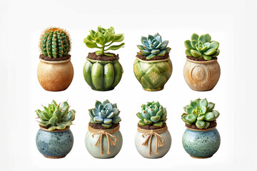 collection Set of different mixed cactus and succulents types of small mini plant in modern ceramic nordic vase pot as furniture cutouts on white background.