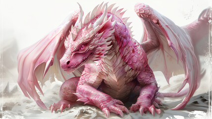A pink dragon perched atop a stack of paper