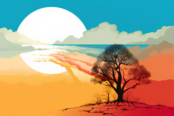 Colorful illustration of a tree on a hill and the moon behind. Red and blue. Changing season of nature. Save the planet.