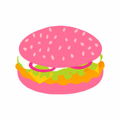 Burger with pink bun, chicken cutlet, cheese, salad, onion and sauce icon in cartoon flat style. Vector illustration isolated on white background. For menu, poster, infographic, restaurant.