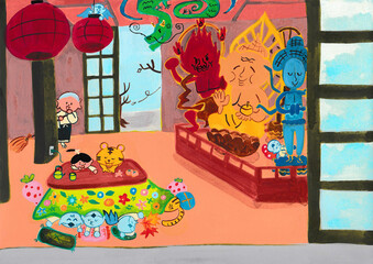 Obraz premium 寺と仏像と住職とこたつで眠る子供のイラスト