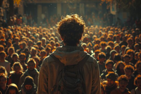 Dynamic speaker shines amidst bustling city crowd