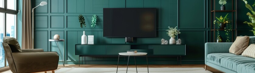 Contemporary setup with flat-screen 4K LCD TV on stylish dark green.
