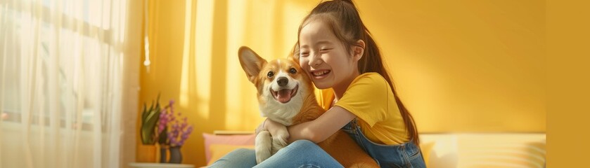 Positive Asian girl exudes kawaii vibes, holding corgi dog.
