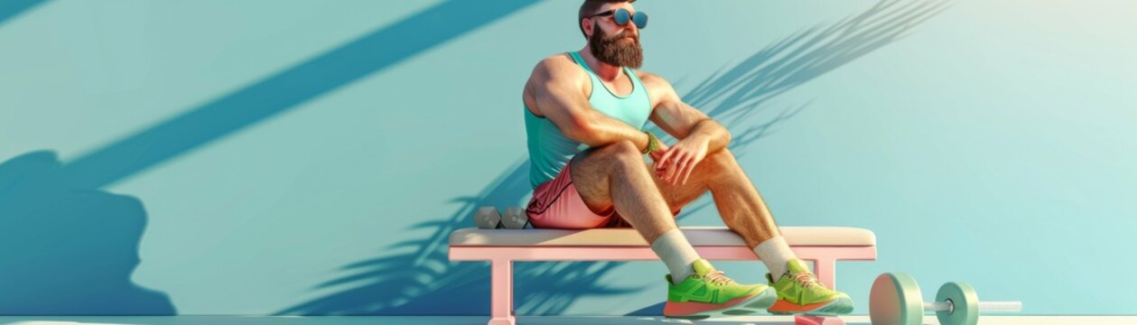 3D rendering depicts bearded brunette man in VR glasses, exercising dumbbells.