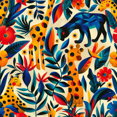 multicolored in geometric shapes interweaving white background and repetitive black outline with jungle animals.