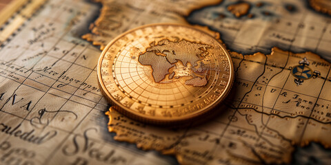 Old gold coin placed on an ancient map, focused shot banner