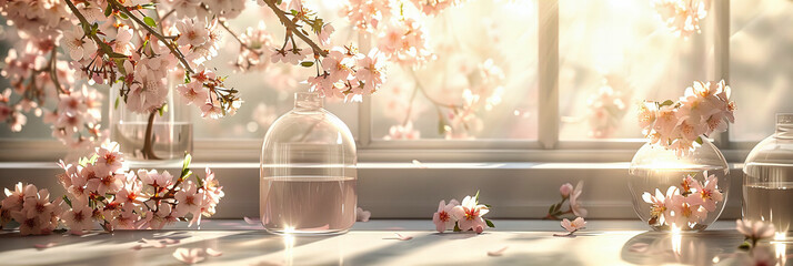 Spring Blossoms in Vase, Bright White and Pink Cherry Flowers, Fresh Garden Background, Natures Beauty