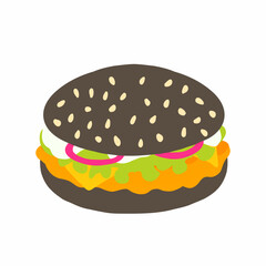 Burger with dark bun, chicken cutlet, lettuce leaf, sauce, bacon, cheese, onion. Flat icon in cartoon style. Vector illustration isolated on white background. For menu, poster, infographic, restaurant