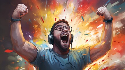 A close-up of a professional gamer exulting a major victory, fists pumped in exhilaration, vibrant emotions displayed, watercolor, cartoon, animation 3D, vibrant