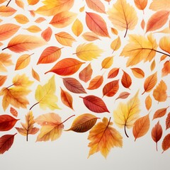 A sweeping gradient of leaves reflecting autumn's full spectrum, from pale yellow to burnt orange, arranged neatly over a white ground, viewed from above, watercolor, cartoon, animation