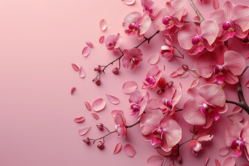 Obraz premium Pink flowers orchid in full bloom against a soft pink background copy space