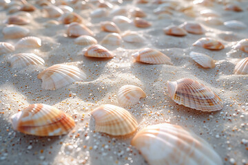 Fototapeta na wymiar Various seashells scattered across a sandy beach