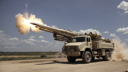 A multiple rocket launcher mounted on a truck is firing rockets.

 - obrazy, fototapety, plakaty