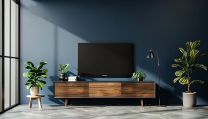 TV cabinet against dark blue walls in a living room, adding a touch of elegance and modernity.