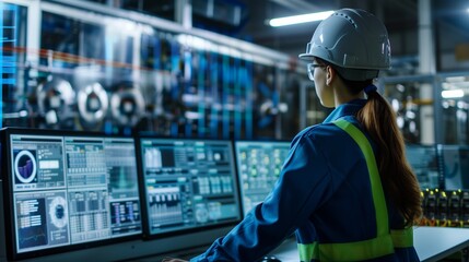 Engineer Analyzing Data on Factory Control Screens