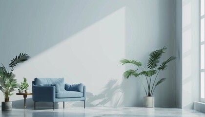 simplicity of an empty living room featuring a blue sofa, plants, and a table against a blank wall - obrazy, fototapety, plakaty