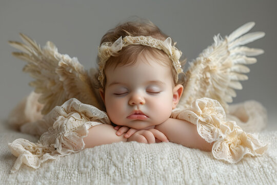 Sleeping infant with feathered angel wings and lace headband on a soft blanket. Studio shot with soft lighting. Cherub concept. Design for baptism invitation, postcard - Powered by Adobe