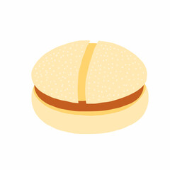 Hamburger with panini bun icon in cartoon flat style. Simple bun, one cutlet. Vector illustration isolated on white background. For menu, poster, infographic, restaurant.