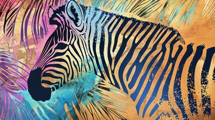 Fototapeta premium An enchanting illustration featuring a captivating rainbow iridescent panorama is enhanced by the striking beauty of zebra skin with its distinctive spotted pattern reminiscent of a sapphir