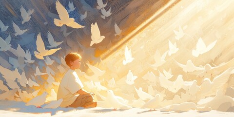 A child sits on fluffy clouds, gazing at the sky with awe and wonder as white doves fly around them in an ethereal scene of divine beauty.  - obrazy, fototapety, plakaty