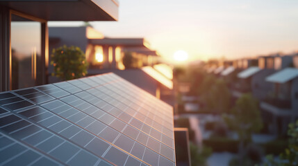 Solar panels on the roof of a residential urban area at sunset