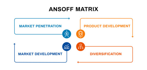 Ansoff matrix diagram. Sales and product development with management marketing and market diversification growth process vector model