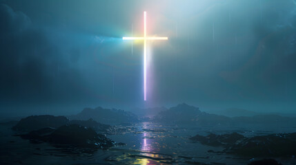 a large cross with rainbow light shining out of it. dark background - obrazy, fototapety, plakaty