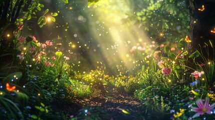 Fairy Day background concept. woods nature. copy space. butterfly and fireflies - obrazy, fototapety, plakaty