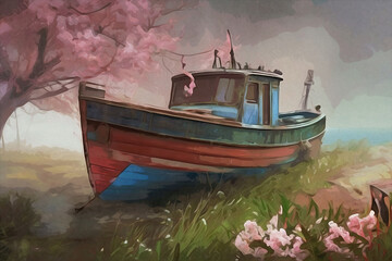 An Abandoned Boat Ensnared by Vibrant Spring Blooms, Rendered in Watercolor with a Touch of Monge's Influence, Evoking a Sense of Rebirth Amidst Nature's Resilience, Generative art.