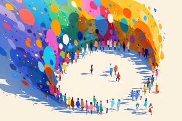 A colorful paper cutout of many people in different colors standing together. In the center is an empty space for text or logo. 
