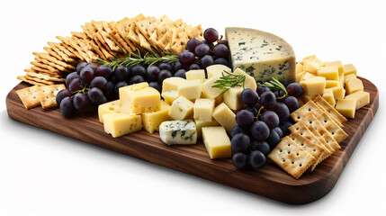 Cheese platter with grapes and crackers isolated on white background