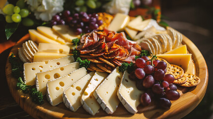 Cheese plate with grapes, crackers and crackers on wooden background