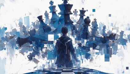 A conceptual digital art piece featuring an abstract representation of business strategy, with chess pieces forming the silhouette of man standing on board