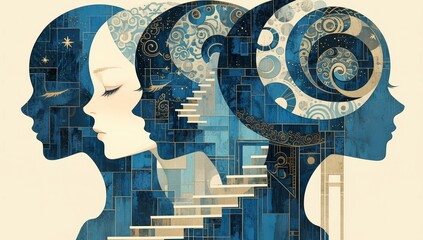 A cubist painting of three women in profile, each with their own staircase leading to different depths and layers of the human mind, representing complexities within individual humans - obrazy, fototapety, plakaty