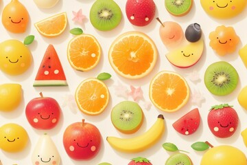 A cute and colorful cartoon pattern of fruits with smiling faces