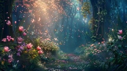 Obraz na płótnie Canvas Fairy Day background concept. woods nature. copy space. butterfly and fireflies