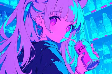 A cute anime girl with purple hair and pink eyes is drinking from an energy drink can in the foreground. Behind her is a futuristic blue and green neon lighted convenience store with pastel colors. 