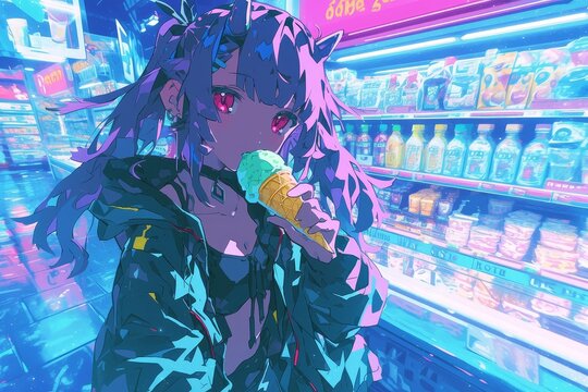 A cute anime girl with purple hair and pink eyes drinking from an ice cream cone in the foreground, standing inside of a futuristic grocery store at night time. 