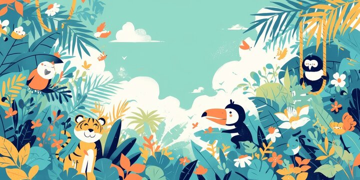 A cute cartoon illustration of a jungle scene with tigers, monkeys and parrots hanging from trees, designed for children's book illustrations