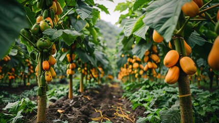 Tropical papaya trees in a lush garden produce exotic and succulent fruits in greenhouses.
