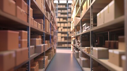 A commercial storage facility stocked with shelving, cartons, and parcels, showcasing an industrial logistics setting in a 3D image.