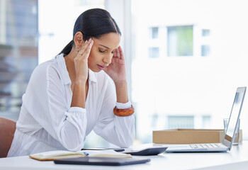 Woman, headache and frustrated in office, burnout and employee for mental health or anxiety. Female...