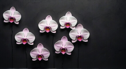 Fototapeta premium pink orchid on wooden background template empty space , grainy noise grungy texture color gradient rough abstract background shine bright light and glow 