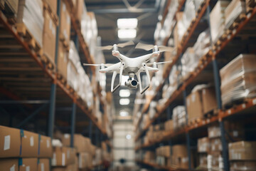 Drone with digital camera flying on blurred warehouse background. Generative AI - Powered by Adobe