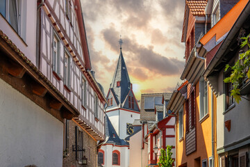 View of an old town, half-timbered houses and streets in a city. Idstein im Taunus, Hesse Germany - obrazy, fototapety, plakaty