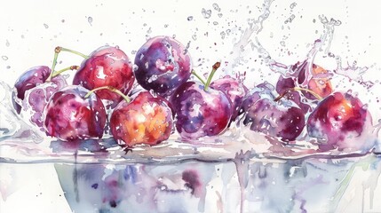 A sequence of plums falling into a water basin - obrazy, fototapety, plakaty