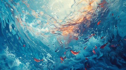 Naklejka premium Illustrate a surreal underwater scene from a birds-eye view, incorporating swirling patterns of aquatic life in a dreamy, ethereal setting Utilize watercolor techniques for a soft, fluid transition be